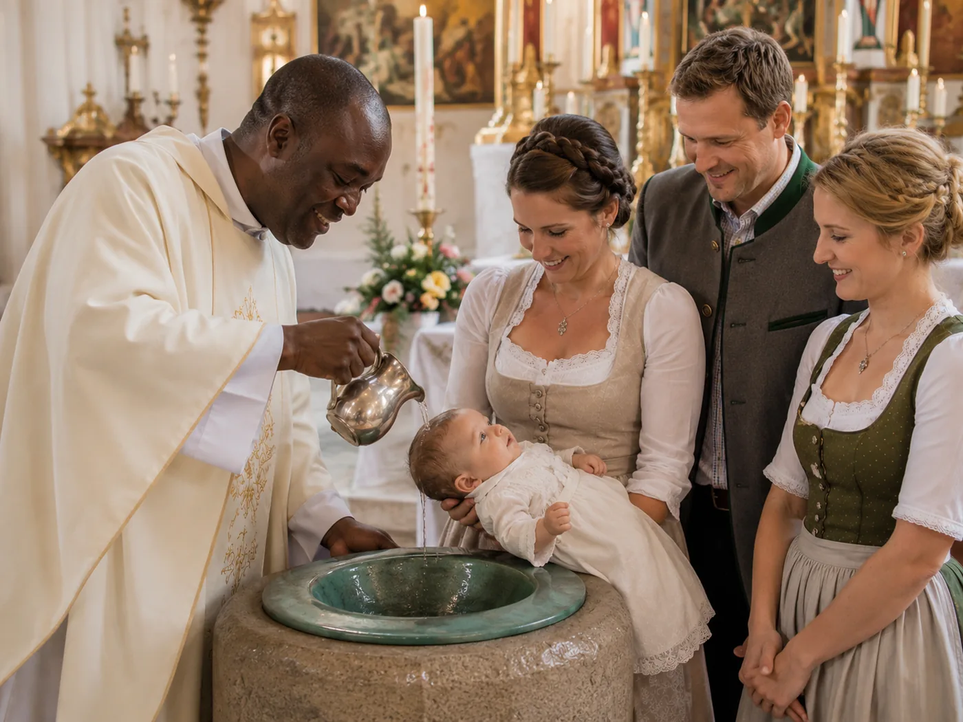 Priester tauft ein Kind am Taufbecken, die Familie steht in festlicher Tracht daneben