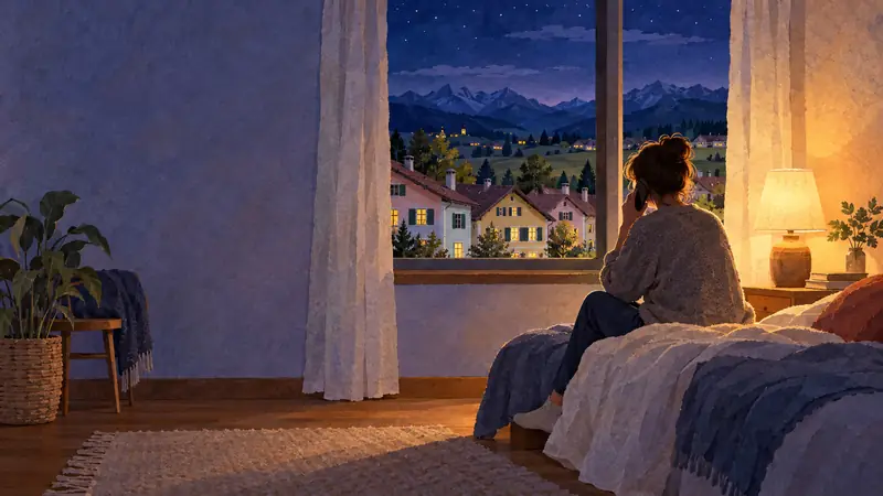 Aquarell: Ein Mensch sitzt nachts mit dem Telefon am Ohr auf dem Bett, im Fenster die Lichter des Ortes.
